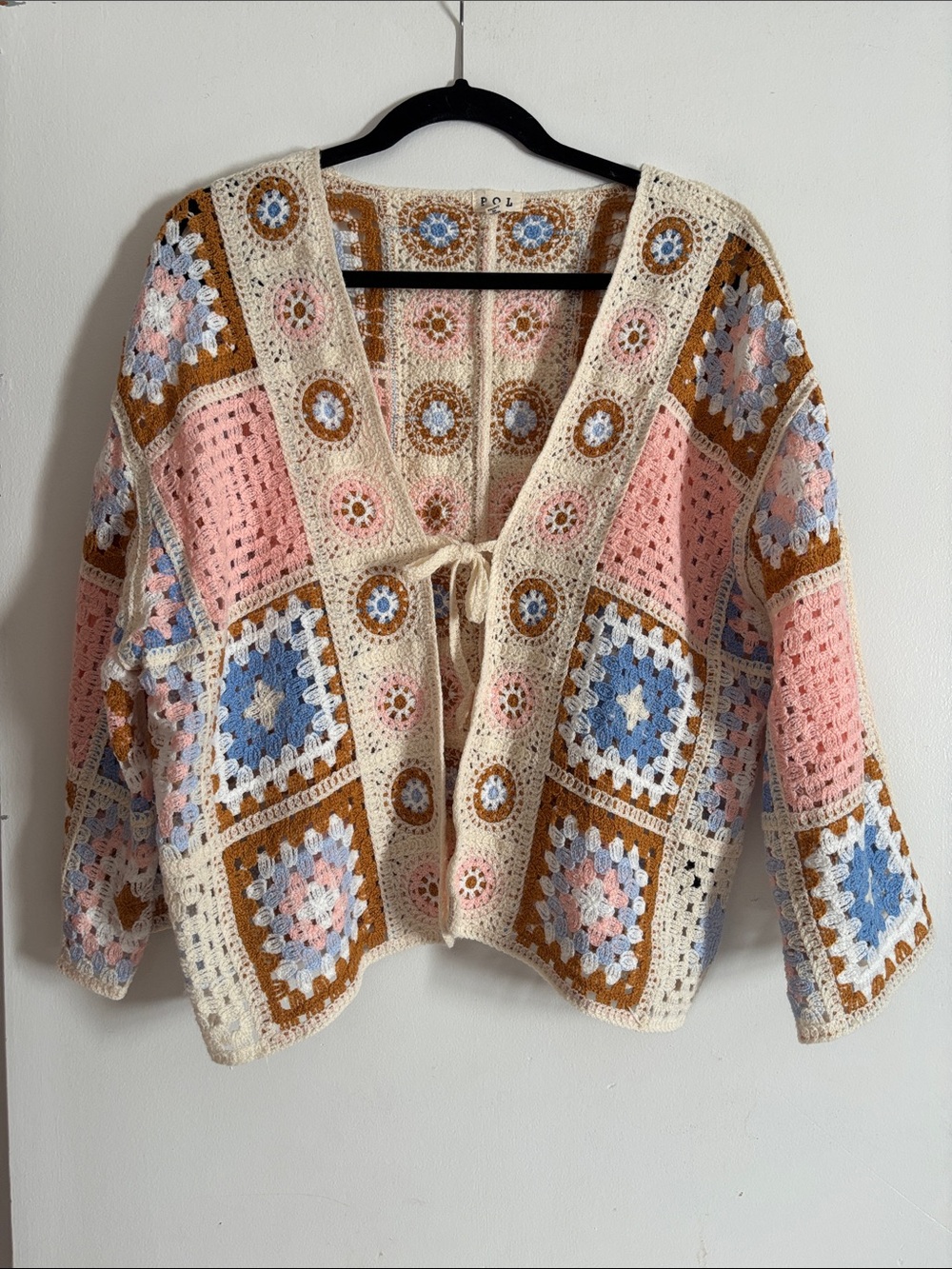 POL Crochet Patchwork Cardigan Sweater - Pink & Blue